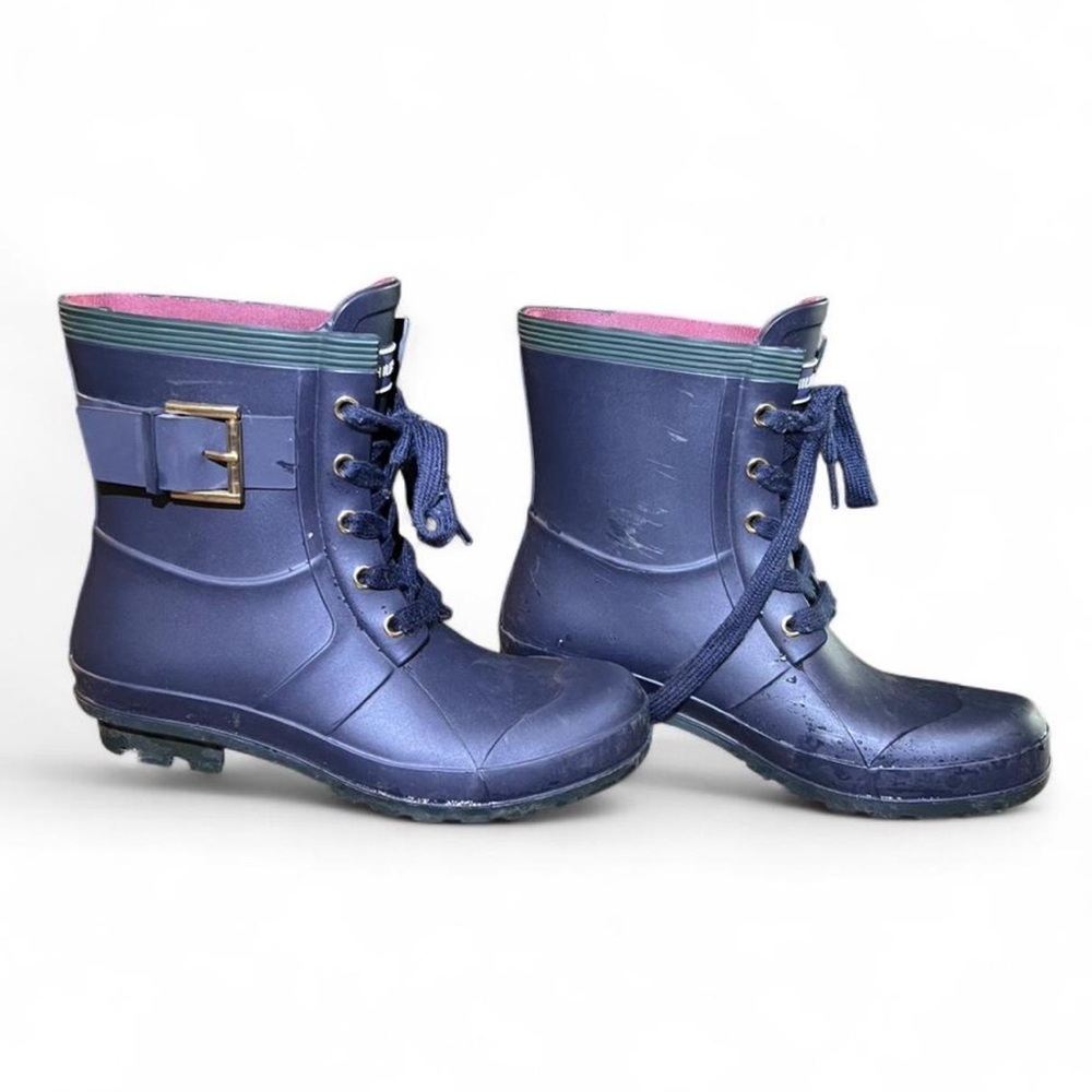 Women’s Tommy Hilfiger Navy Lace-Up Short Rain Boots with Buckle Accent